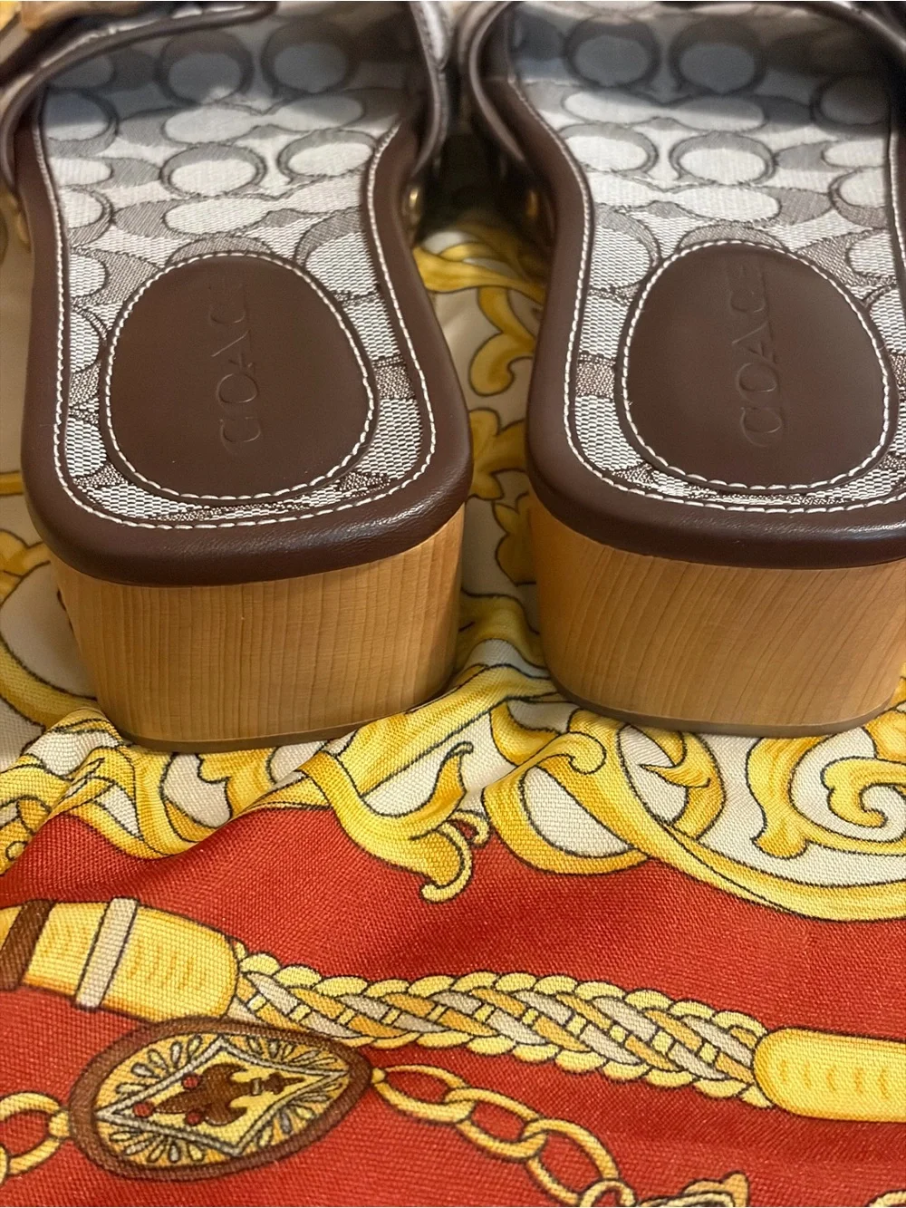 Coach Brown Signature Jacquard Slide Sandals with Gold Buckle